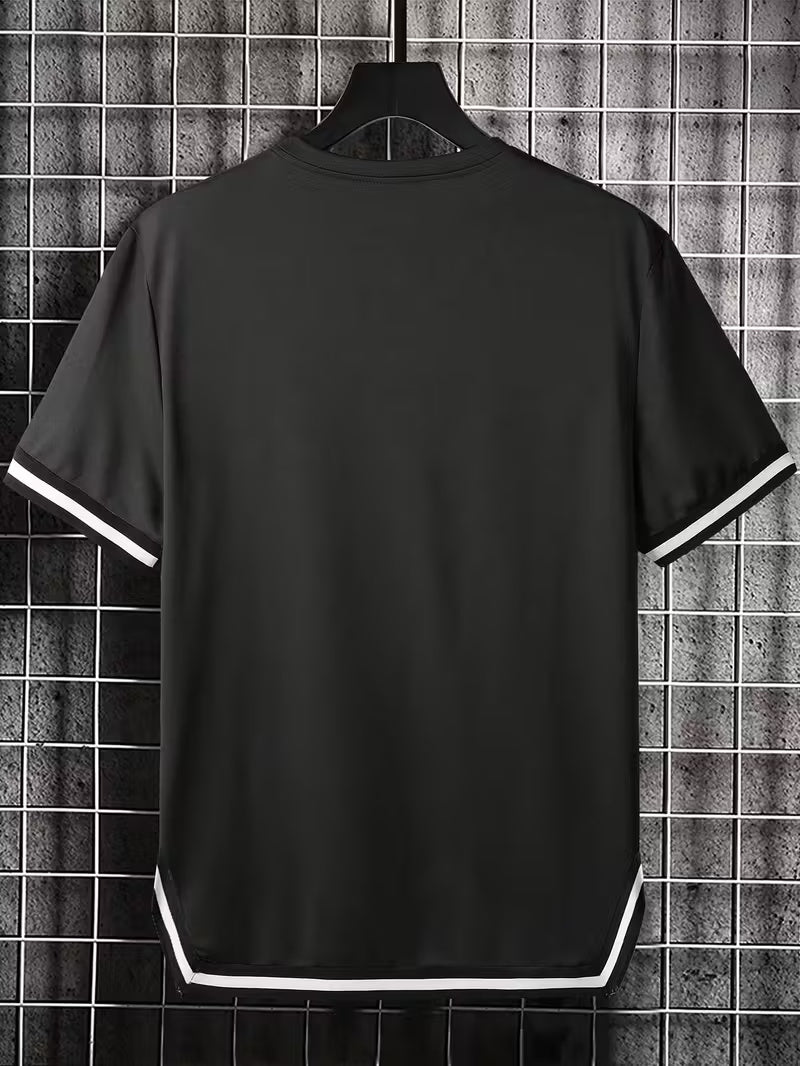 Men’s Casual Summer Tee – Short Sleeve Knit Top with Contrast Striped Hem & Drawstring, Loose Fit, Round Neck, Black with White Trim