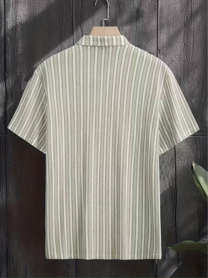 Men’s Breathable Vertical Stripe Shirt – Mint Green & White Lightweight Button-Up with Contrast Collar for Office, Travel & Casual Summer Wear