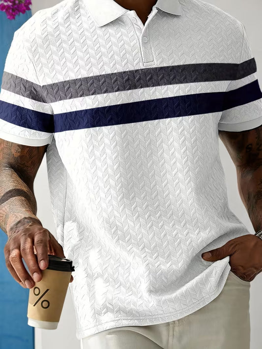 Men’s Summer Color-Block Shirt – Short Sleeve Casual Button-Up, Relaxed Fit, Breathable Knit Fabric for Everyday Wear