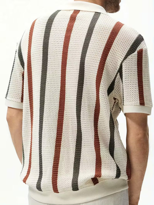 Men’s Lightweight V-Neck Knit Shirt – Beige & Black Colorblock Stripes, Short Sleeve Summer Top for Casual Style
