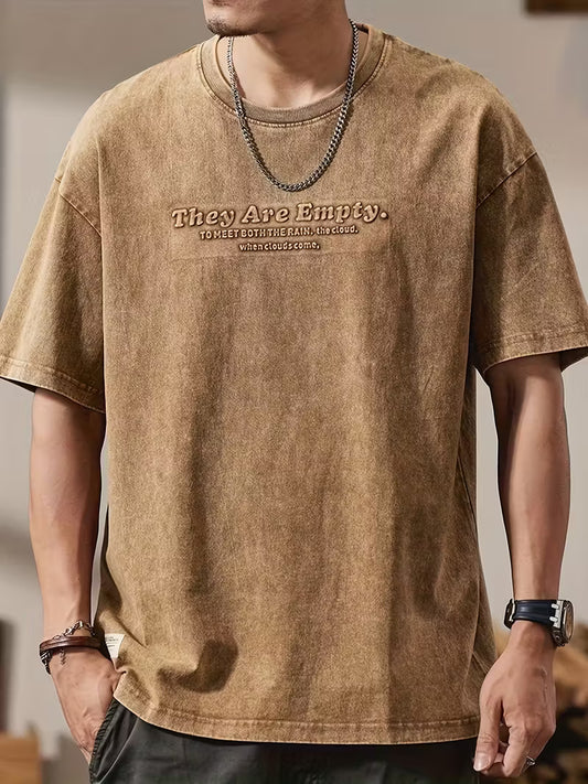 Men’s Oversized Vintage-Wash Tee – 3D Letter Graphic Short Sleeve Streetwear Shirt, Black Relaxed Fit Round Neck Summer Top