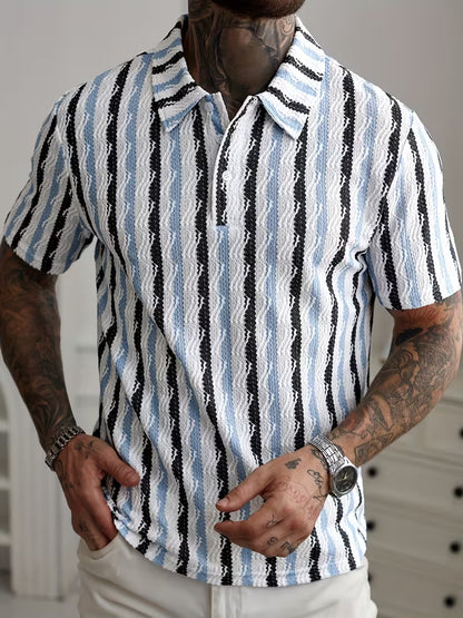 Men’s White Striped Short Sleeve Shirt – Breathable Summer Button-Front Polo for Golf, Tennis, Gym, and Business Casual, Wrinkle-Resistant Regular Fit