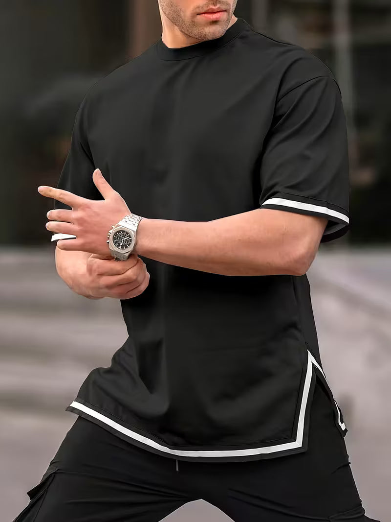 Men’s Casual Summer Tee – Short Sleeve Knit Top with Contrast Striped Hem & Drawstring, Loose Fit, Round Neck, Black with White Trim