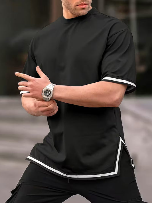 Men’s Casual Summer Tee – Short Sleeve Knit Top with Contrast Striped Hem & Drawstring, Loose Fit, Round Neck, Black with White Trim