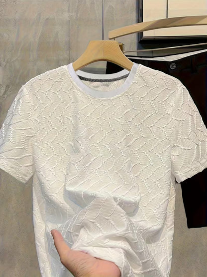 Men’s Luxury Jacquard Short Sleeve T-Shirt – Slim Fit Round Neck, Breathable Fabric for Summer Casual & Daily Wear