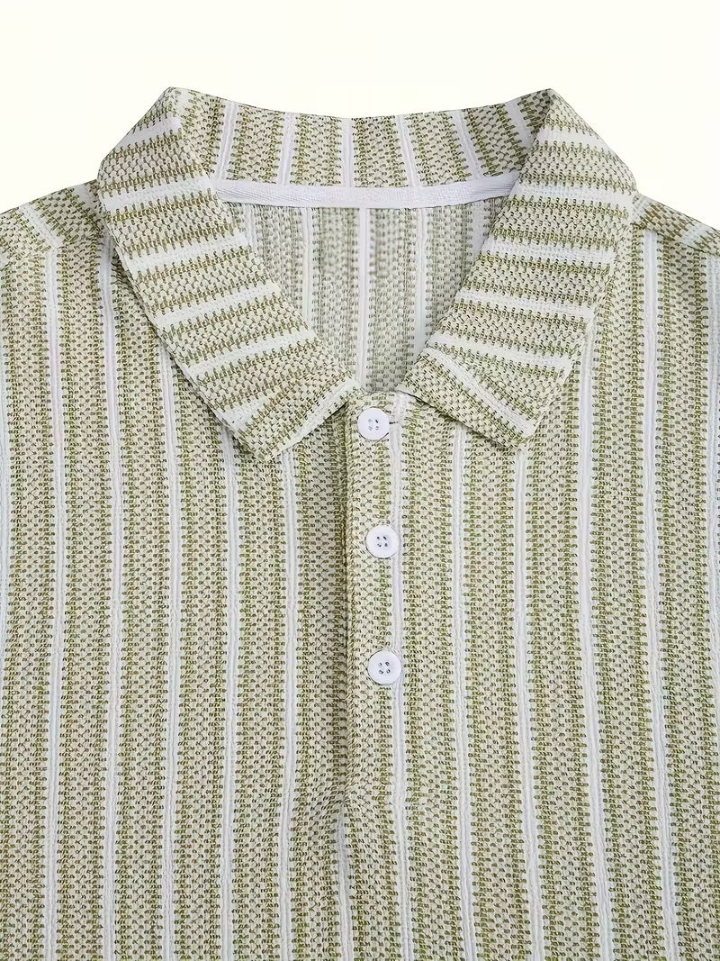 Men’s Breathable Vertical Stripe Shirt – Mint Green & White Lightweight Button-Up with Contrast Collar for Office, Travel & Casual Summer Wear