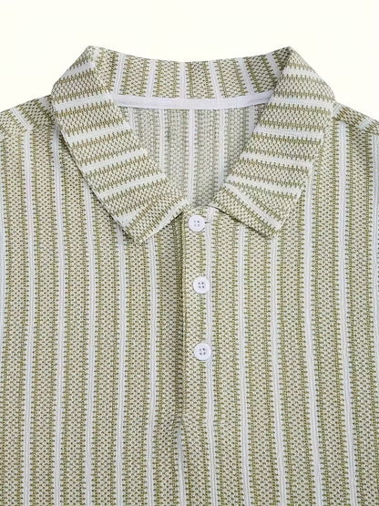Men’s Breathable Vertical Stripe Shirt – Mint Green & White Lightweight Button-Up with Contrast Collar for Office, Travel & Casual Summer Wear