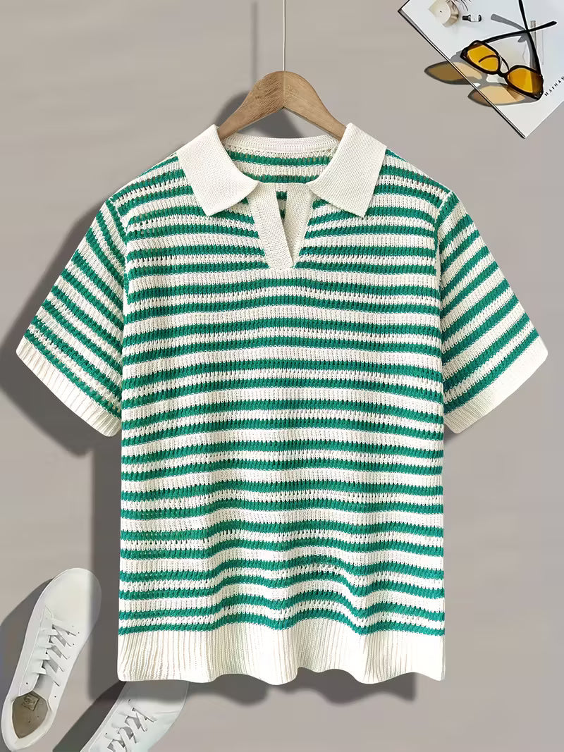 Men’s Summer Striped Polo Shirt – Green & White, Lightweight Knit, Loose Fit for Casual and Outdoor Activities