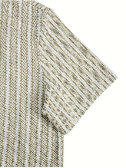 Men’s Breathable Vertical Stripe Shirt – Mint Green & White Lightweight Button-Up with Contrast Collar for Office, Travel & Casual Summer Wear