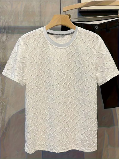 Men’s Luxury Jacquard Short Sleeve T-Shirt – Slim Fit Round Neck, Breathable Fabric for Summer Casual & Daily Wear