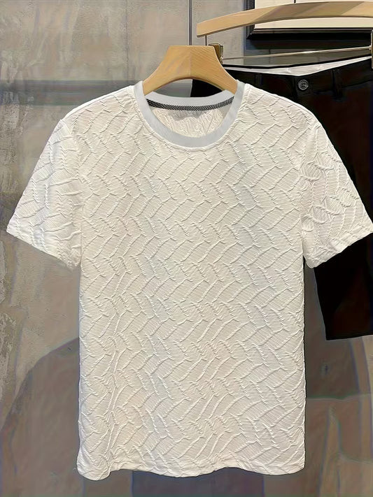 Men’s Luxury Jacquard Short Sleeve T-Shirt – Slim Fit Round Neck, Breathable Fabric for Summer Casual & Daily Wear