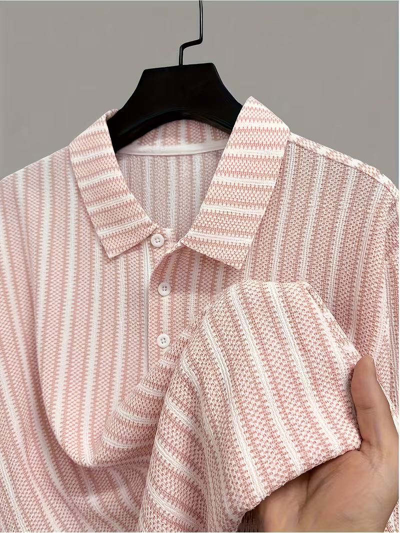 Men’s Breathable Vertical Stripe Shirt – Mint Green & White Lightweight Button-Up with Contrast Collar for Office, Travel & Casual Summer Wear