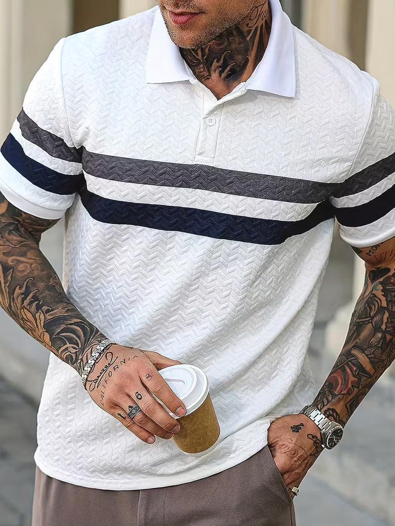 Men’s Summer Color-Block Shirt – Short Sleeve Casual Button-Up, Relaxed Fit, Breathable Knit Fabric for Everyday Wear