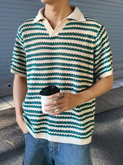 Men’s Summer Striped Polo Shirt – Green & White, Lightweight Knit, Loose Fit for Casual and Outdoor Activities