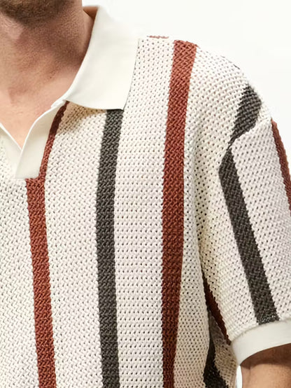 Men’s Lightweight V-Neck Knit Shirt – Beige & Black Colorblock Stripes, Short Sleeve Summer Top for Casual Style