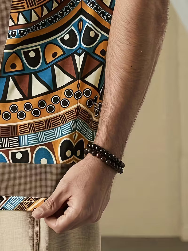 Men’s Tribal Geometric Print T-Shirt – Short Sleeve Crew Neck, Brown Summer Tee with Colorful Patterns