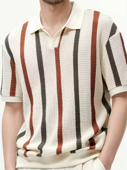 Men’s Lightweight V-Neck Knit Shirt – Beige & Black Colorblock Stripes, Short Sleeve Summer Top for Casual Style
