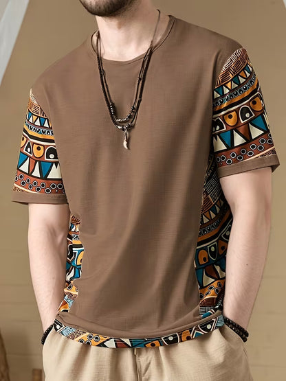 Men’s Tribal Geometric Print T-Shirt – Short Sleeve Crew Neck, Brown Summer Tee with Colorful Patterns