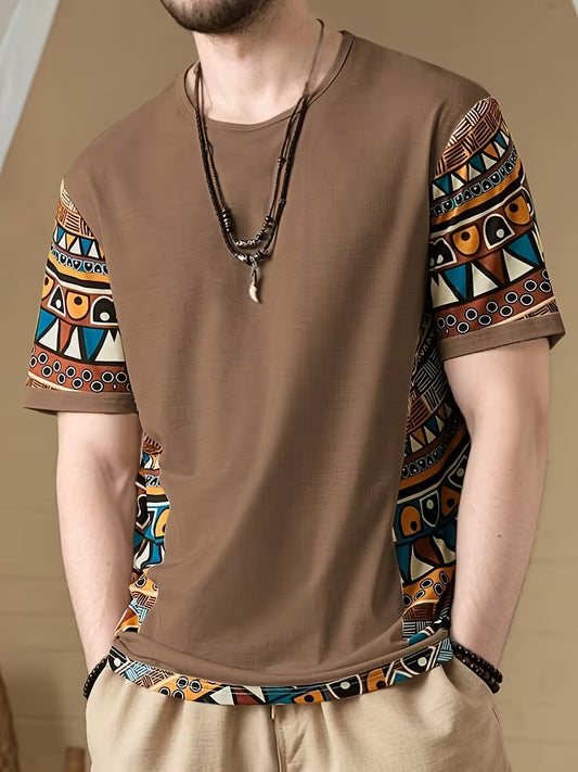 Men’s Tribal Geometric Print T-Shirt – Short Sleeve Crew Neck, Brown Summer Tee with Colorful Patterns