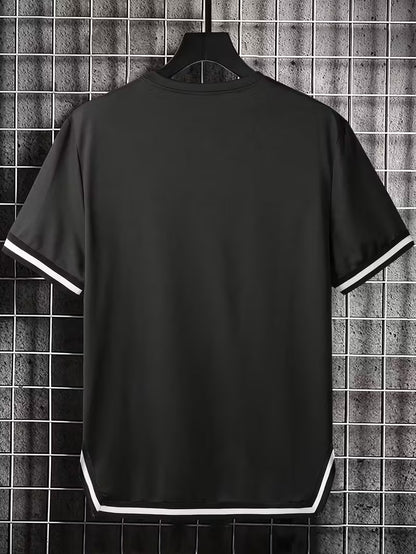 Men’s Casual Summer Tee – Short Sleeve Knit Top with Contrast Striped Hem & Drawstring, Loose Fit, Round Neck, Black with White Trim