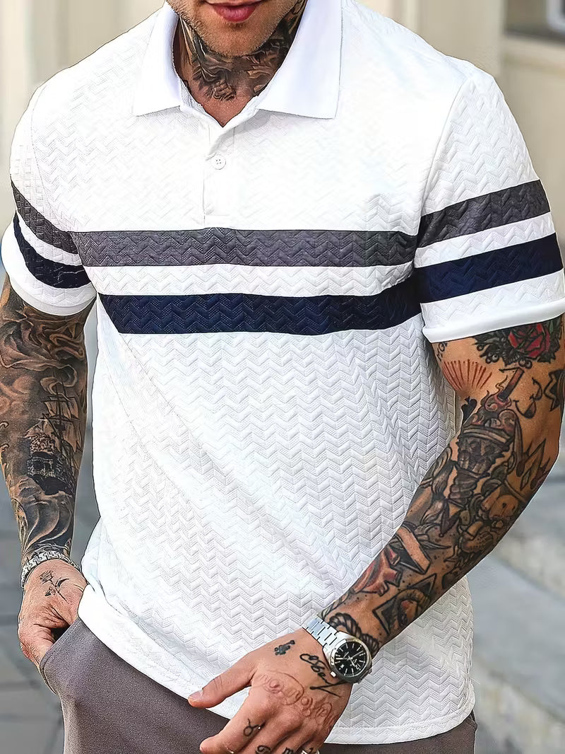 Men’s Summer Color-Block Shirt – Short Sleeve Casual Button-Up, Relaxed Fit, Breathable Knit Fabric for Everyday Wear