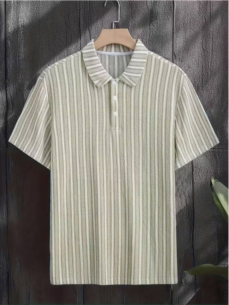 Men’s Breathable Vertical Stripe Shirt – Mint Green & White Lightweight Button-Up with Contrast Collar for Office, Travel & Casual Summer Wear