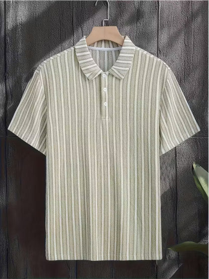 Men’s Breathable Vertical Stripe Shirt – Mint Green & White Lightweight Button-Up with Contrast Collar for Office, Travel & Casual Summer Wear