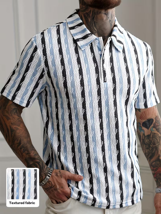 Men’s White Striped Short Sleeve Shirt – Breathable Summer Button-Front Polo for Golf, Tennis, Gym, and Business Casual, Wrinkle-Resistant Regular Fit