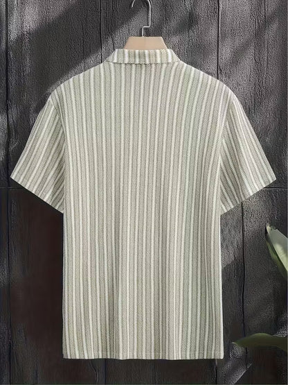 Men’s Breathable Vertical Stripe Shirt – Mint Green & White Lightweight Button-Up with Contrast Collar for Office, Travel & Casual Summer Wear