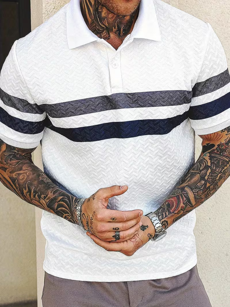 Men’s Summer Color-Block Shirt – Short Sleeve Casual Button-Up, Relaxed Fit, Breathable Knit Fabric for Everyday Wear