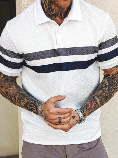 Men’s Summer Color-Block Shirt – Short Sleeve Casual Button-Up, Relaxed Fit, Breathable Knit Fabric for Everyday Wear