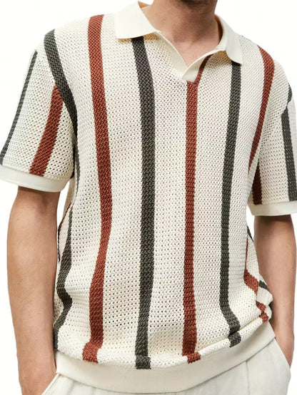 Men’s Lightweight V-Neck Knit Shirt – Beige & Black Colorblock Stripes, Short Sleeve Summer Top for Casual Style