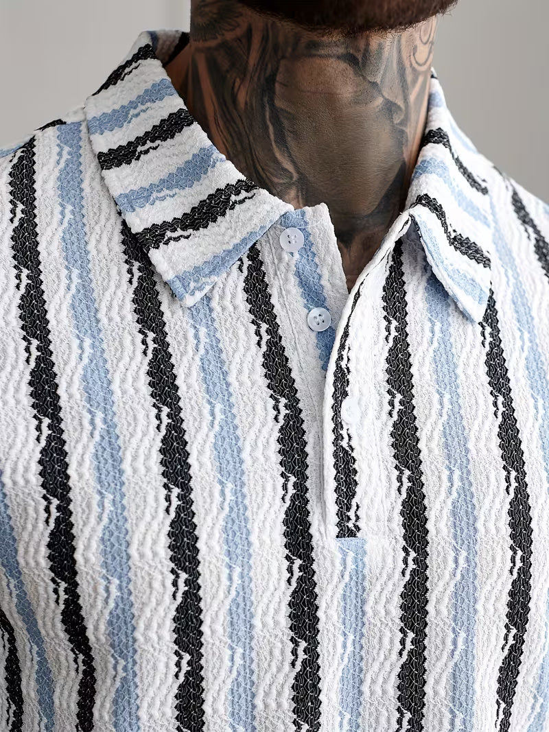 Men’s White Striped Short Sleeve Shirt – Breathable Summer Button-Front Polo for Golf, Tennis, Gym, and Business Casual, Wrinkle-Resistant Regular Fit