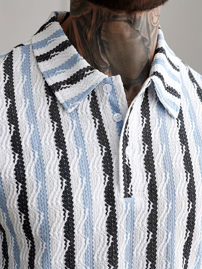 Men’s White Striped Short Sleeve Shirt – Breathable Summer Button-Front Polo for Golf, Tennis, Gym, and Business Casual, Wrinkle-Resistant Regular Fit