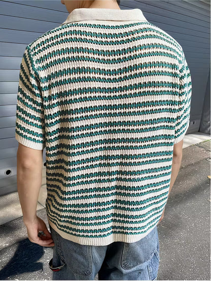 Men’s Summer Striped Polo Shirt – Green & White, Lightweight Knit, Loose Fit for Casual and Outdoor Activities