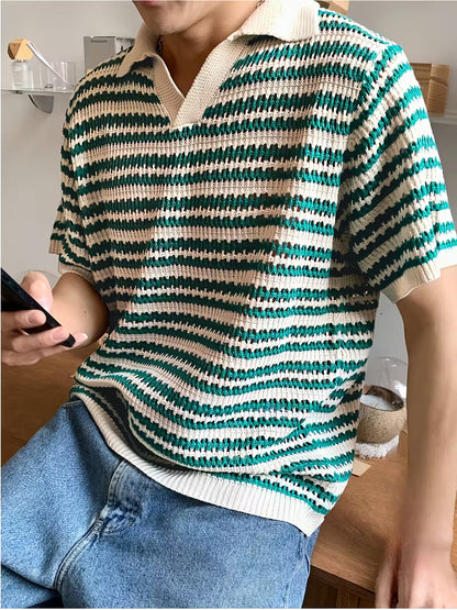 Men’s Summer Striped Polo Shirt – Green & White, Lightweight Knit, Loose Fit for Casual and Outdoor Activities