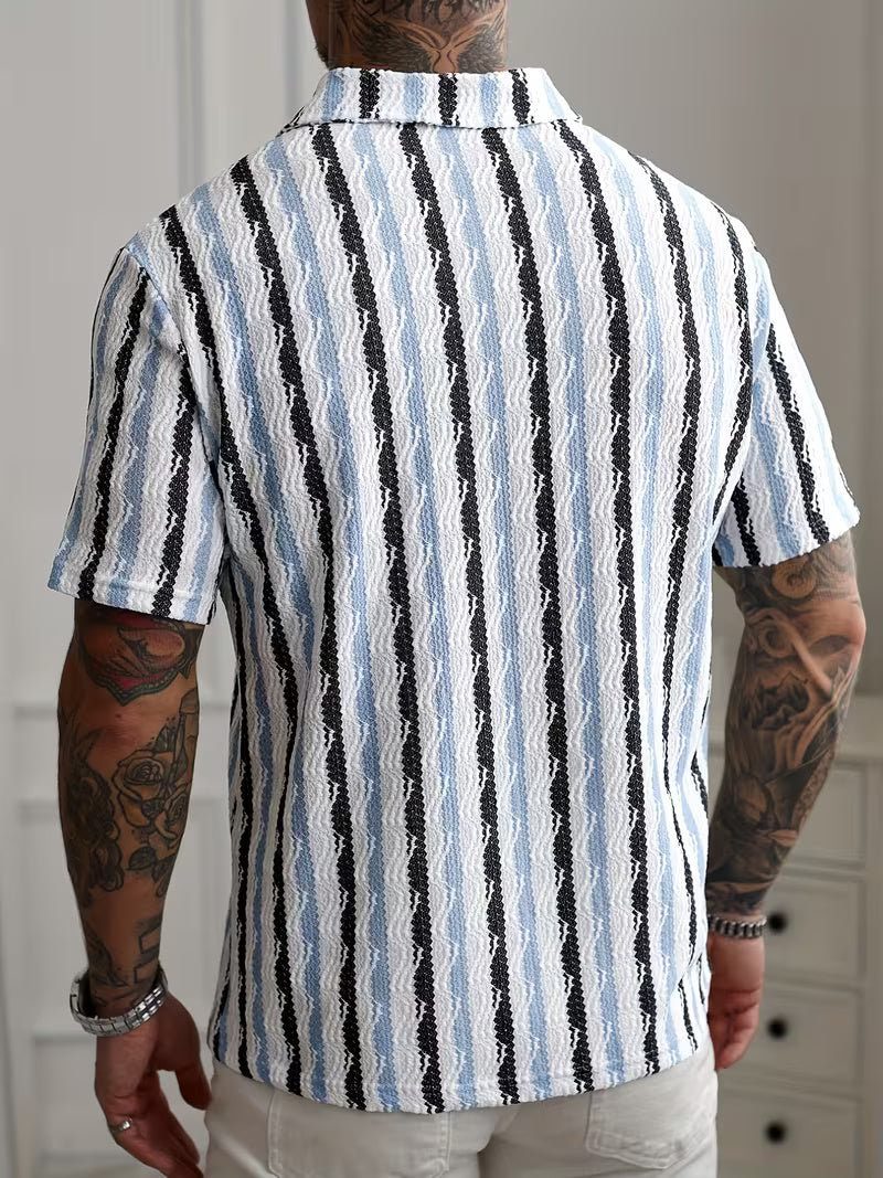 Men’s White Striped Short Sleeve Shirt – Breathable Summer Button-Front Polo for Golf, Tennis, Gym, and Business Casual, Wrinkle-Resistant Regular Fit