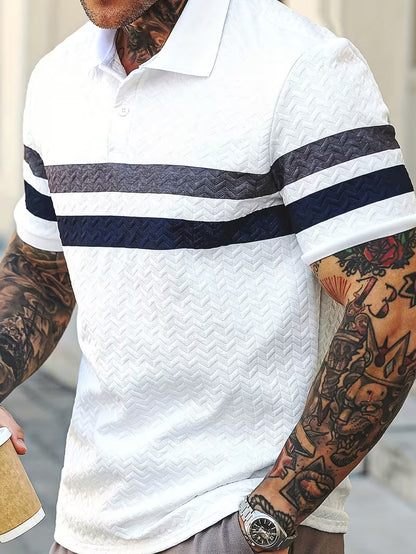 Men’s Summer Color-Block Shirt – Short Sleeve Casual Button-Up, Relaxed Fit, Breathable Knit Fabric for Everyday Wear