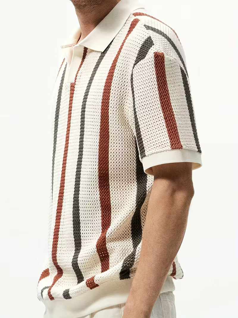 Men’s Lightweight V-Neck Knit Shirt – Beige & Black Colorblock Stripes, Short Sleeve Summer Top for Casual Style