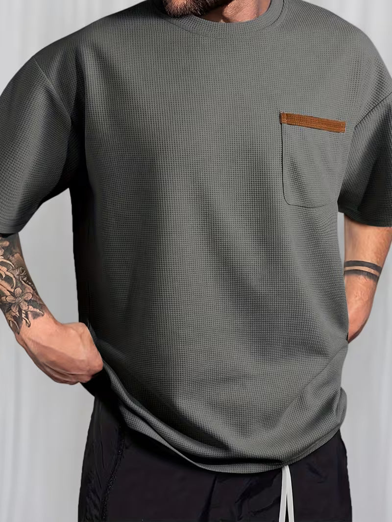 Men’s Waffle Knit Short Sleeve Tee – Solid Color Casual Summer T-Shirt, Round Neck, Textured Fabric, Machine Washable, Regular Fit for Teens & Young Adults