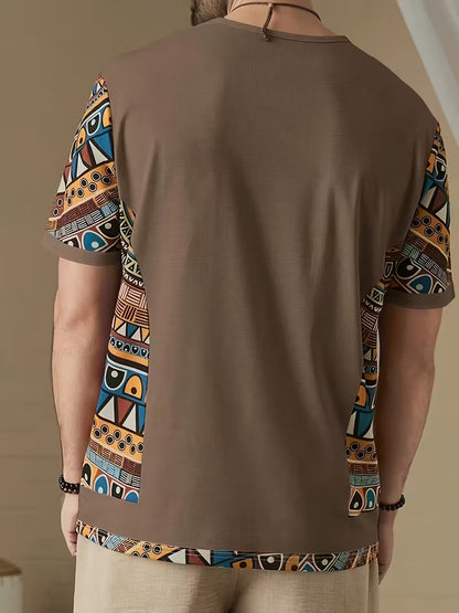 Men’s Tribal Geometric Print T-Shirt – Short Sleeve Crew Neck, Brown Summer Tee with Colorful Patterns