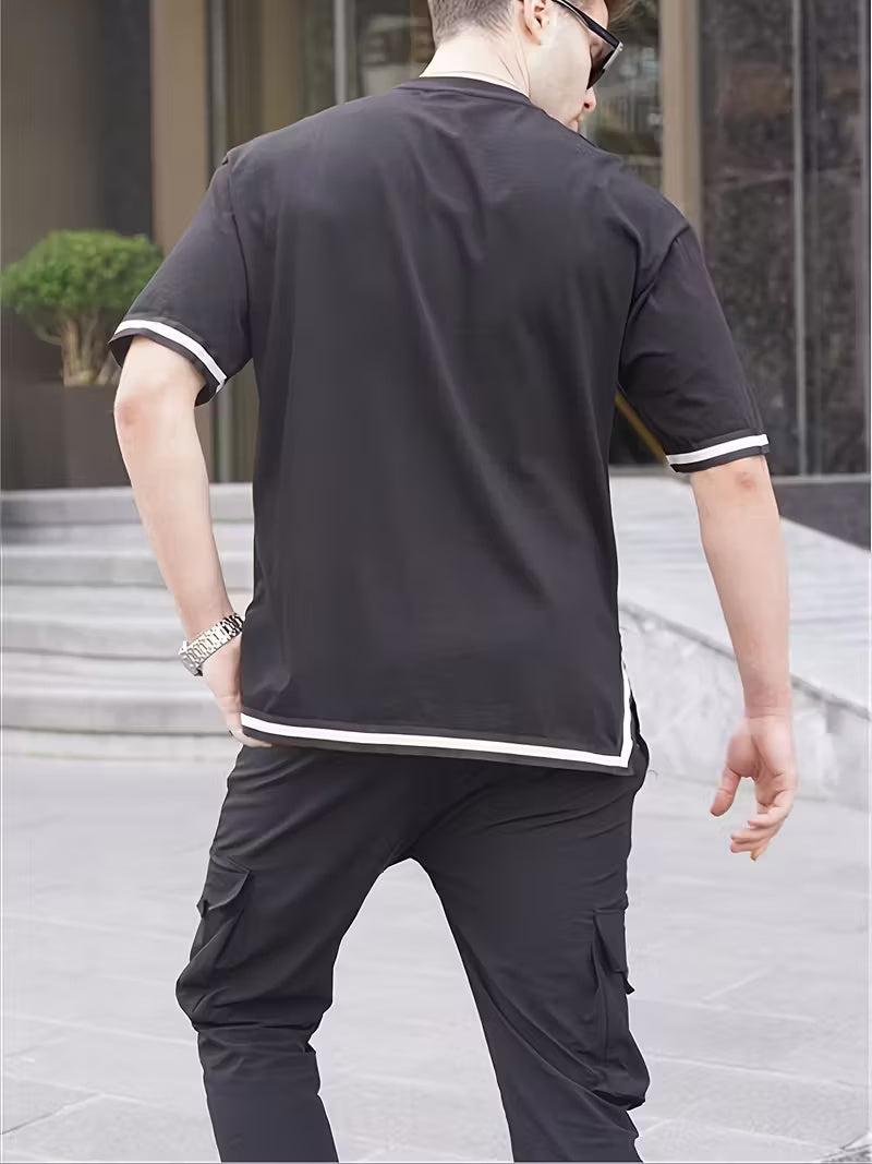 Men’s Casual Summer Tee – Short Sleeve Knit Top with Contrast Striped Hem & Drawstring, Loose Fit, Round Neck, Black with White Trim