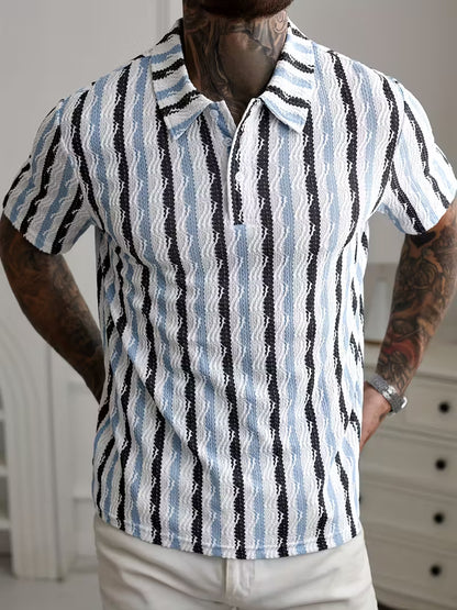 Men’s White Striped Short Sleeve Shirt – Breathable Summer Button-Front Polo for Golf, Tennis, Gym, and Business Casual, Wrinkle-Resistant Regular Fit