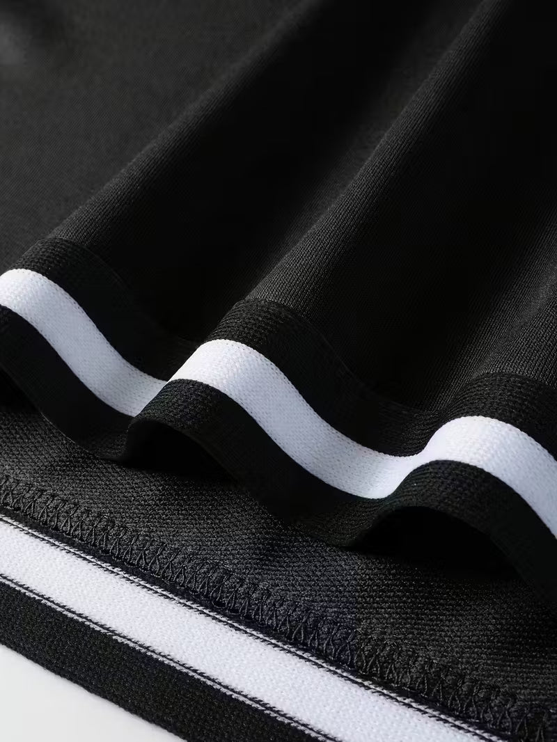 Men’s Casual Summer Tee – Short Sleeve Knit Top with Contrast Striped Hem & Drawstring, Loose Fit, Round Neck, Black with White Trim