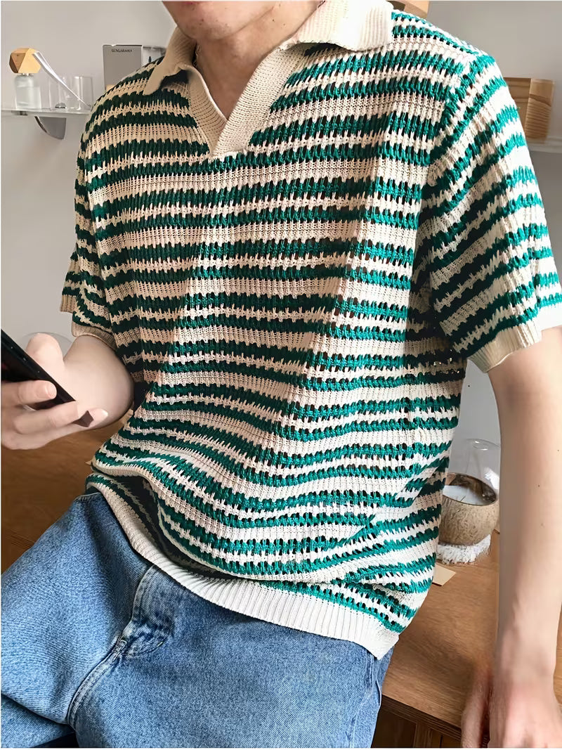 Men’s Summer Striped Polo Shirt – Green & White, Lightweight Knit, Loose Fit for Casual and Outdoor Activities