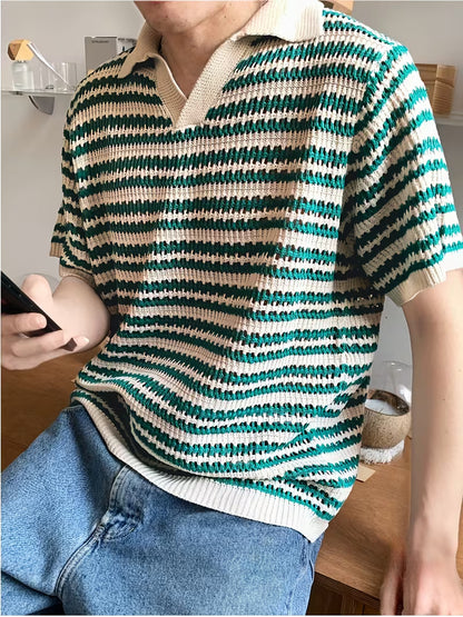 Men’s Summer Striped Polo Shirt – Green & White, Lightweight Knit, Loose Fit for Casual and Outdoor Activities