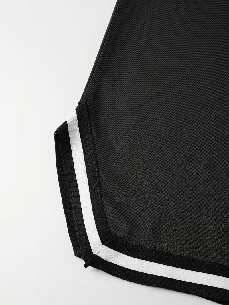 Men’s Casual Summer Tee – Short Sleeve Knit Top with Contrast Striped Hem & Drawstring, Loose Fit, Round Neck, Black with White Trim