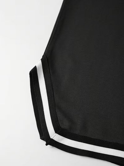 Men’s Casual Summer Tee – Short Sleeve Knit Top with Contrast Striped Hem & Drawstring, Loose Fit, Round Neck, Black with White Trim