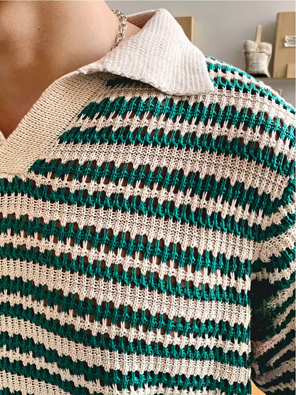 Men’s Summer Striped Polo Shirt – Green & White, Lightweight Knit, Loose Fit for Casual and Outdoor Activities