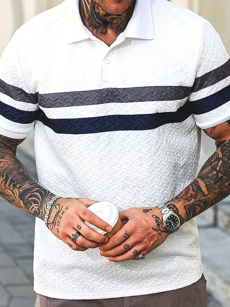 Men’s Summer Color-Block Shirt – Short Sleeve Casual Button-Up, Relaxed Fit, Breathable Knit Fabric for Everyday Wear